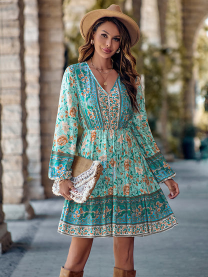 Women's Printed V-neck Waist-Defined Long Sleeve Dress