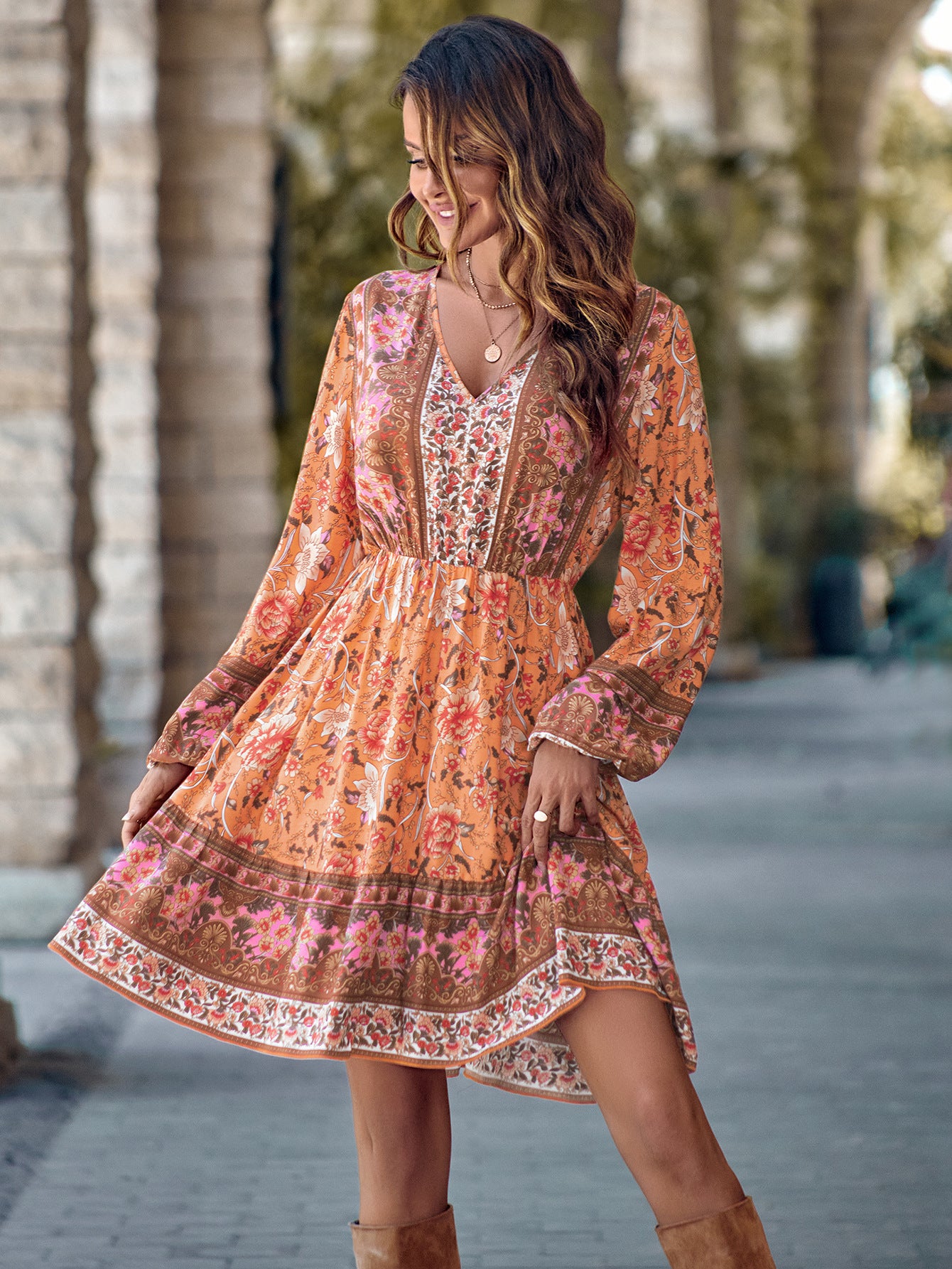 Women's Printed V-neck Waist-Defined Long Sleeve Dress