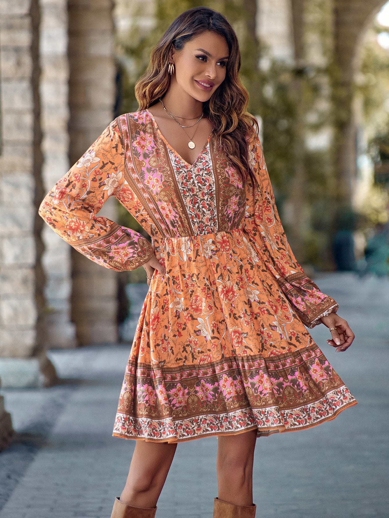 Women's Printed V-neck Waist-Defined Long Sleeve Dress