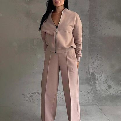 Women's Zipper Jacket & Wide Leg Pants Set