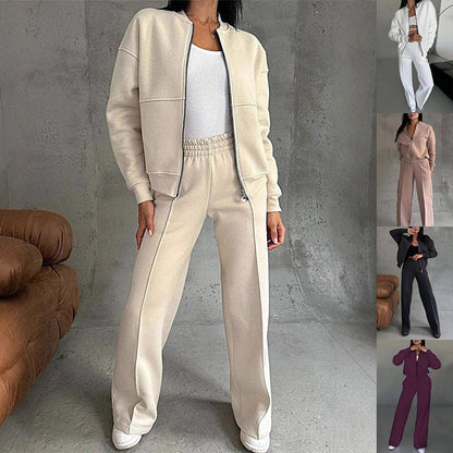 Women's Zipper Jacket & Wide Leg Pants Set