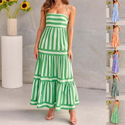 Women's Summer Striped Suspender Dress with Pockets