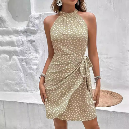 Women's Summer Halterneck Printed Dress with Tie Waist