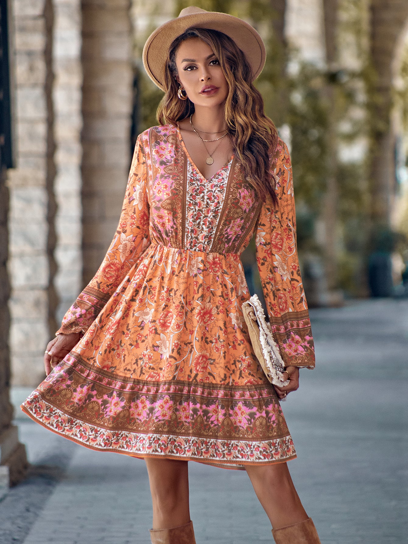 Women's Printed V-neck Waist-Defined Long Sleeve Dress