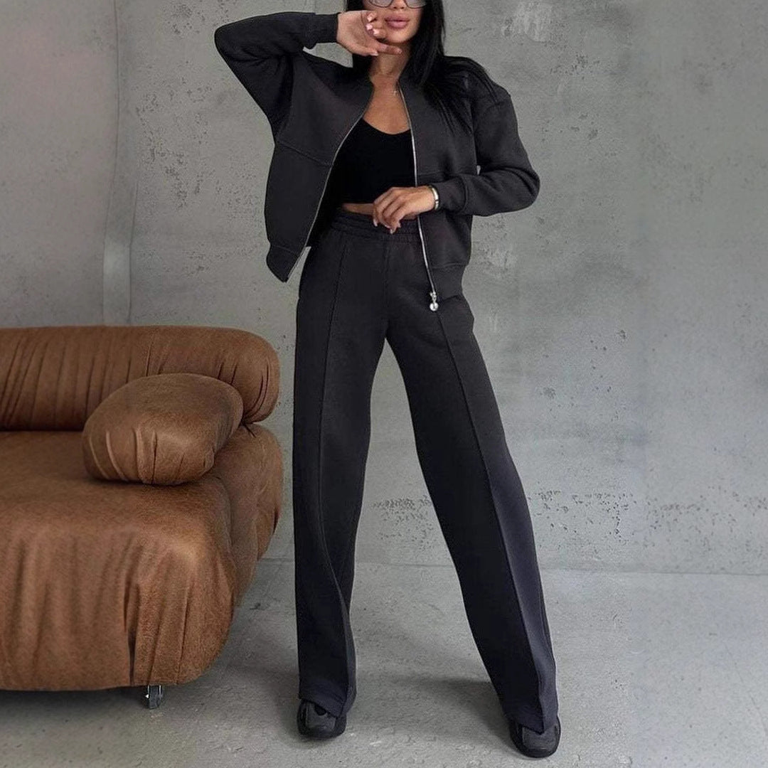 Women's Zipper Jacket & Wide Leg Pants Set