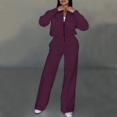 Women's Zipper Jacket & Wide Leg Pants Set