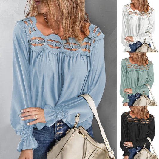 Women's Solid Color Lace Square Neck Long Sleeve Pullover