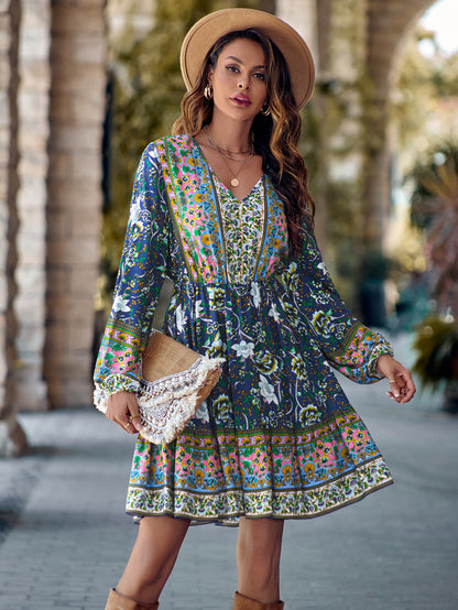 Women's Printed V-neck Waist-Defined Long Sleeve Dress