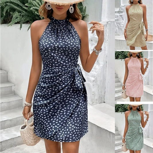 Women's Summer Halterneck Printed Dress with Tie Waist