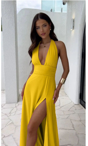 Women's Summer Halterneck V-neck Slit Backless Dress