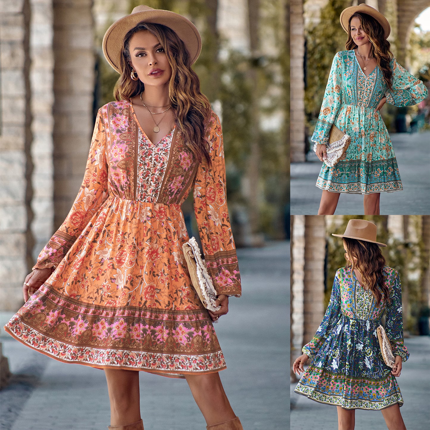 Women's Printed V-neck Waist-Defined Long Sleeve Dress